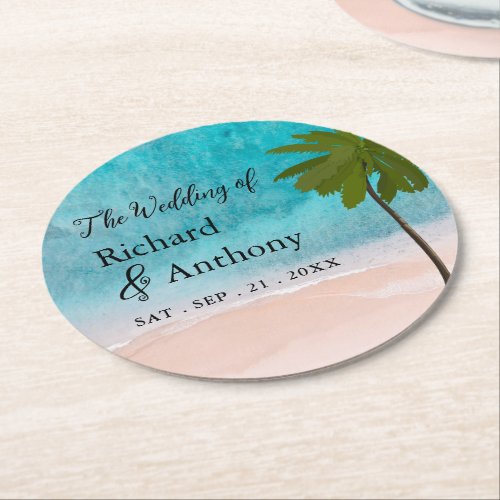 Ocean Beach Palm Tree Wedding Round Paper Coaster