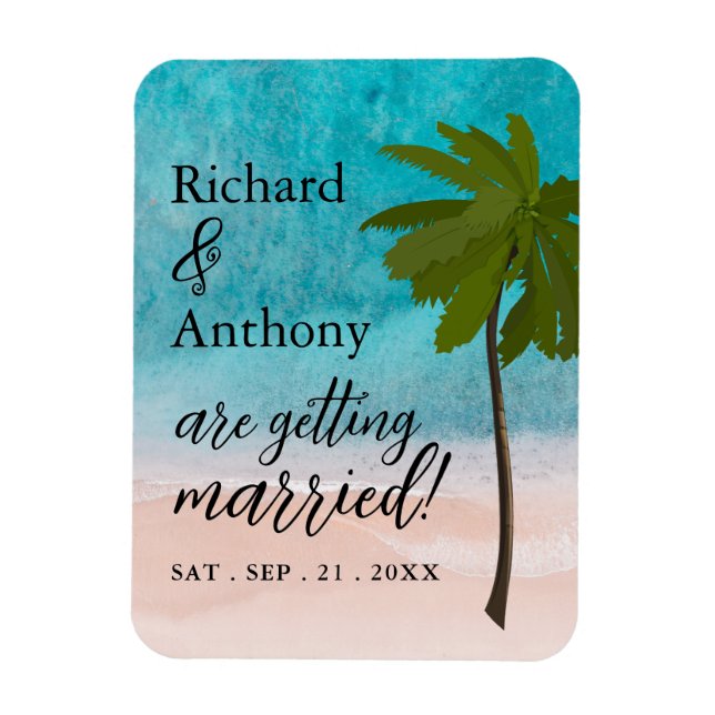 Ocean Beach Palm Tree Wedding Save The Date Magnet (Vertical)