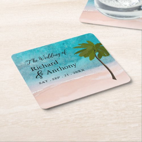 Ocean Beach Palm Tree Wedding Square Paper Coaster