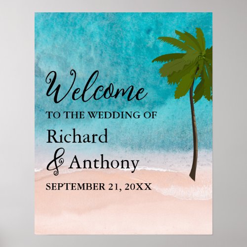 Ocean Beach Palm Tree Wedding Welcome Poster