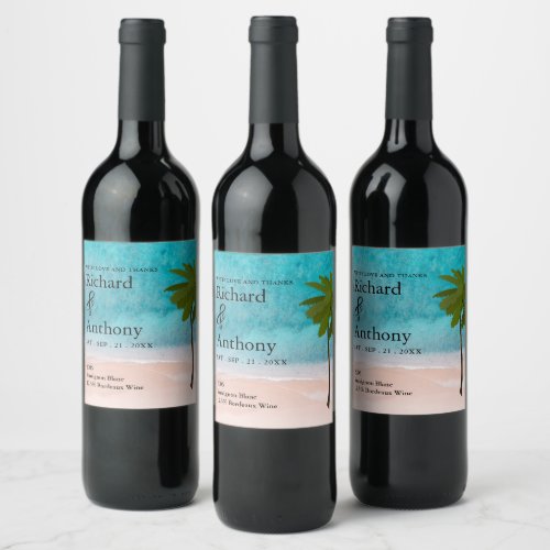 Ocean Beach Palm Tree Wedding Wine Label