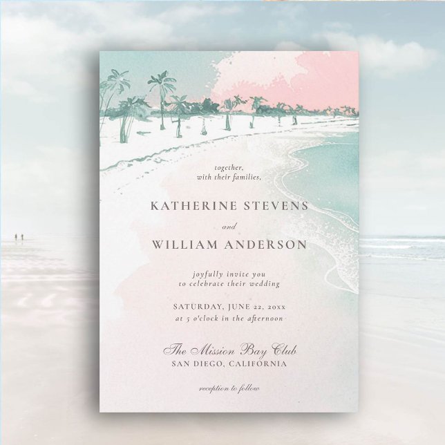 Ocean Beach Palm Trees Pink Sky Elegant Wedding Invitation (beach wedding invitation dreamy watercolor waves palm trees ocean formal traditional modern classic)