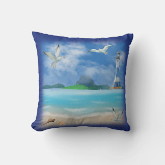 Ocean Beach Paradise Lighthouse Seagulls Shells Outdoor Pillow