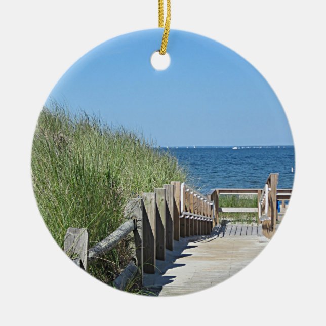 Ocean beach photo ceramic ornament (Front)
