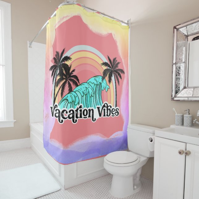 Ocean Beach Rainbow Palm Trees Vacation Vibe  Shower Curtain (In Situ)