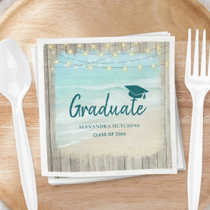 Ocean Beach Rustic Wood Lights Graduate Party Napkins