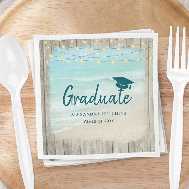 Ocean Beach Rustic Wood Lights Graduate Party Napkins (Creator Uploaded)