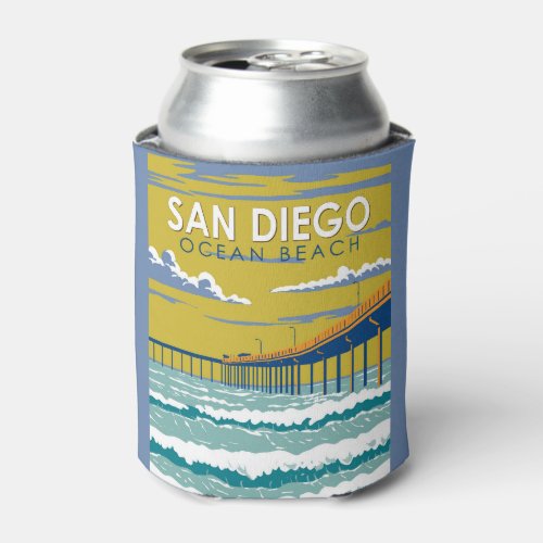 Ocean Beach San Diego Travel Art Vintage Can Cooler