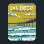 Ocean Beach San Diego Travel Art Vintage Magnet<br><div class="desc">Ocean Beach San Diego in a vector art style. Surfers and sunbathers fill the namesake beach,  while Ocean Beach Pier is a popular local fishing spot with sweeping views.</div>