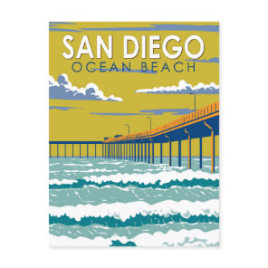 Ocean Beach San Diego Travel Art Vintage Postcard