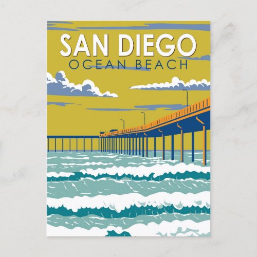 Ocean Beach San Diego Travel Art Vintage Postcard