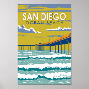 Ocean Beach San Diego Travel Art Vintage Poster
