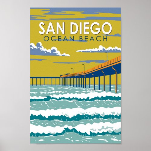 Ocean Beach San Diego Travel Art Vintage Poster