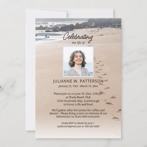 Ocean Beach Sandy Footprints Celebration of Life  Invitation