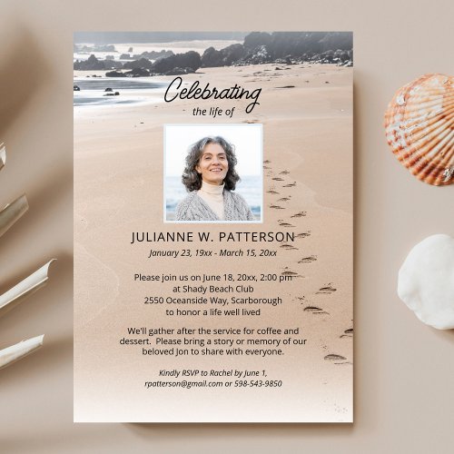 Ocean Beach Sandy Footprints Celebration of Life  Invitation