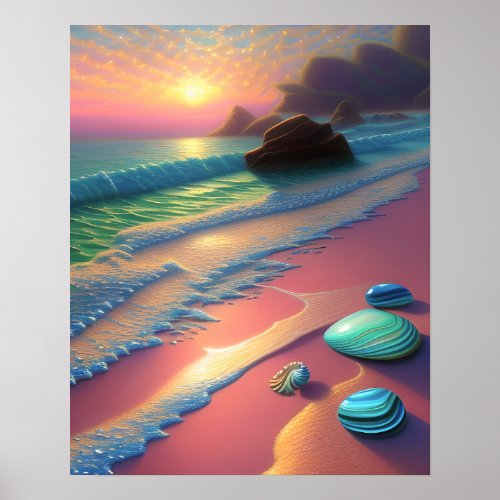 Ocean Beach Scene Seashells fantasy Art Poster