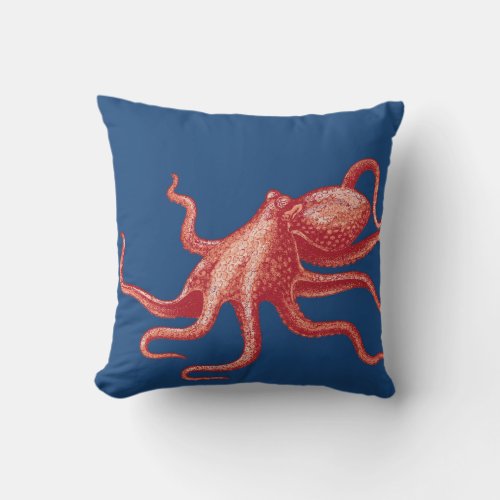 Ocean Beach Sea Life Red Octopus Modern Vintage 4 Throw Pillow