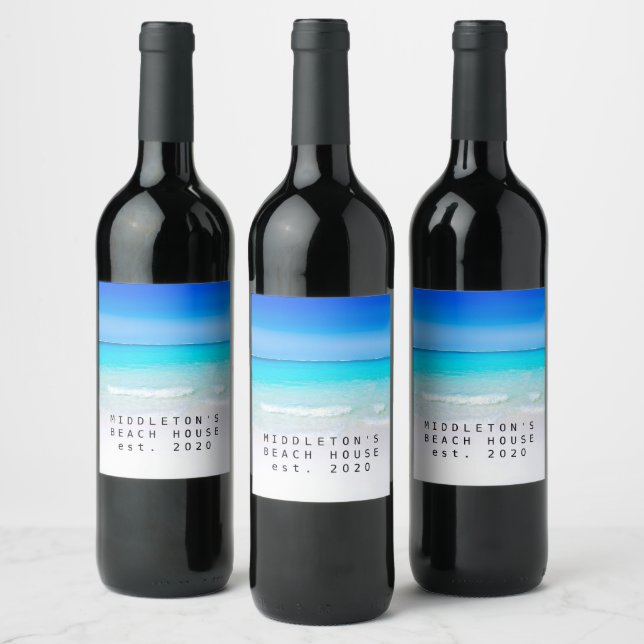 Ocean Beach Sea Personal Aqua Blue Modern Wine Label (Bottles)