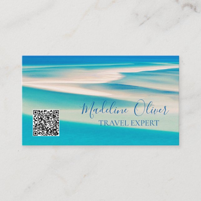 Ocean Beach Sea QR Travel Aqua Blue Business Card (Front)