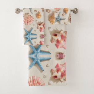 Ocean Beach Sea Shells and Blue Starfish Bath Towel Set