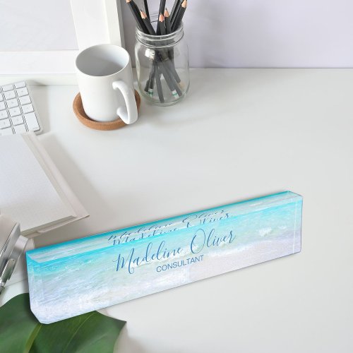 Ocean Beach Sea Travel Aqua Blue Modern  Desk Name Plate