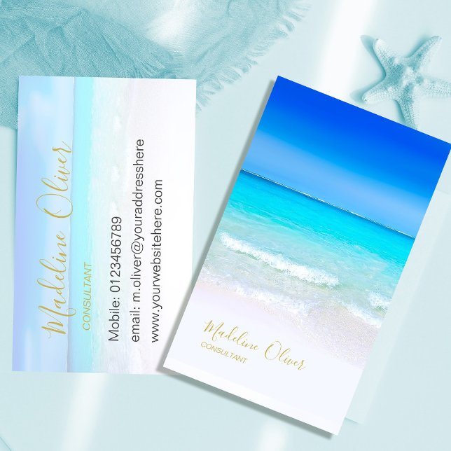 Ocean Beach Sea Travel  Spa  Blue Gold Stylish Business Card (Creator Uploaded)
