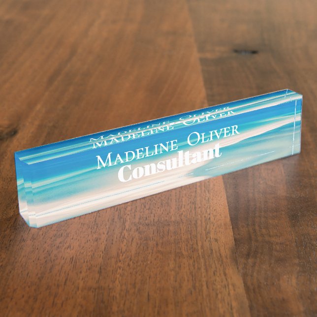 Ocean Beach Sea Travel White Blue Modern  Desk Name Plate (Side)