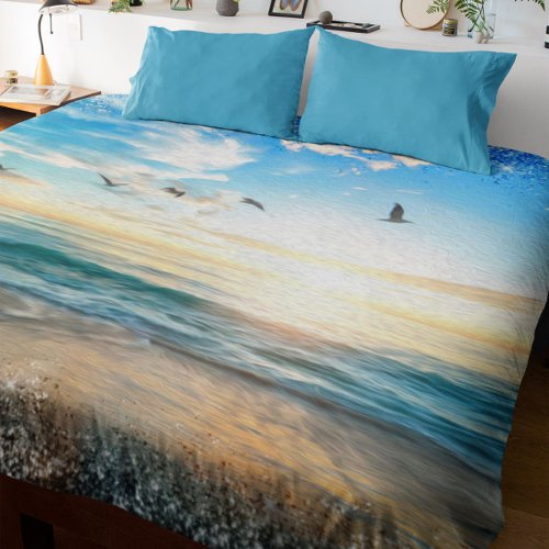 Ocean Beach Seagulls Nature Blue Silver Glitter Duvet Cover