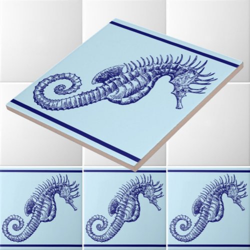 Ocean Beach Seahorse Frieze Pattern Ceramic Tile