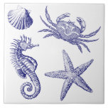 Ocean Beach Seahorse Starfish Crab & Shell Pattern Ceramic Tile<br><div class="desc">This is an ocean beach pattern featuring art in deep navy blue of a seahorse,  starfish,  sea shell and a crab. You can customize the background color.</div>