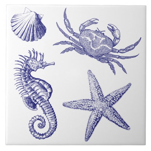 Ocean Beach Seahorse Starfish Crab  Shell Pattern Ceramic Tile