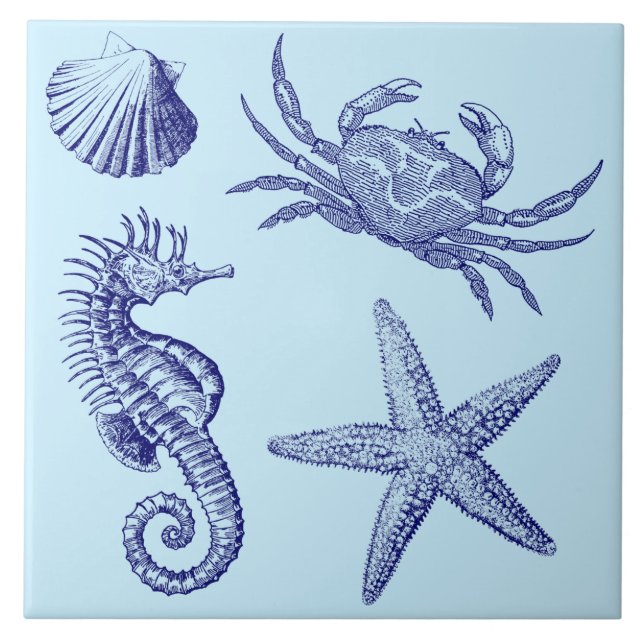 Ocean Beach Seahorse Starfish Crab & Shell Pattern Ceramic Tile (Front)