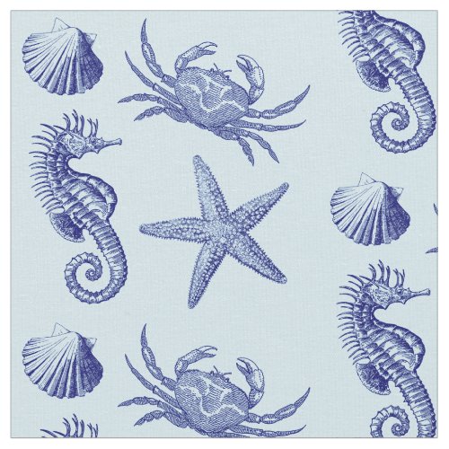Ocean Beach Seahorse Starfish Crab  Shell Pattern Fabric