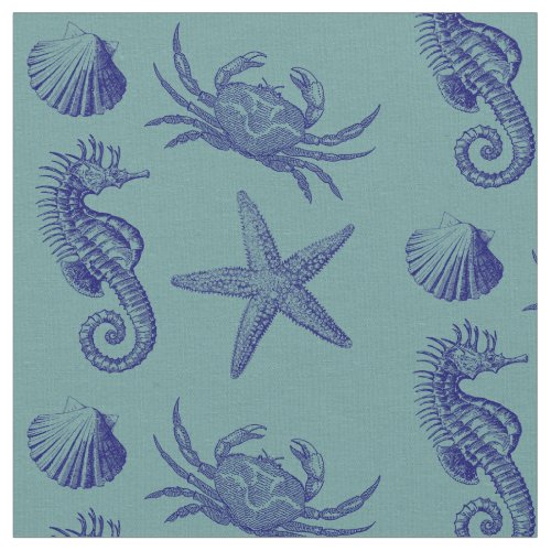 Ocean Beach Seahorse Starfish Crab  Shell Pattern Fabric