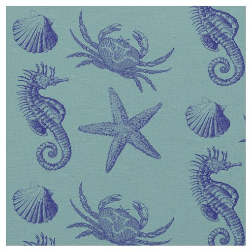 Ocean Beach Seahorse Starfish Crab & Shell Pattern Fabric