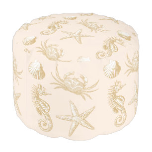 Ocean Beach Seahorse Starfish Crab & Shell Pattern Pouf