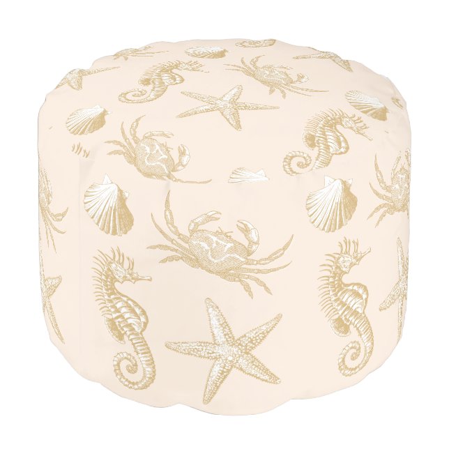 Ocean Beach Seahorse Starfish Crab & Shell Pattern Pouf (Angled Back)