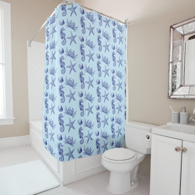 Ocean Beach Seahorse Starfish Crab & Shell Pattern Shower Curtain (In Situ)