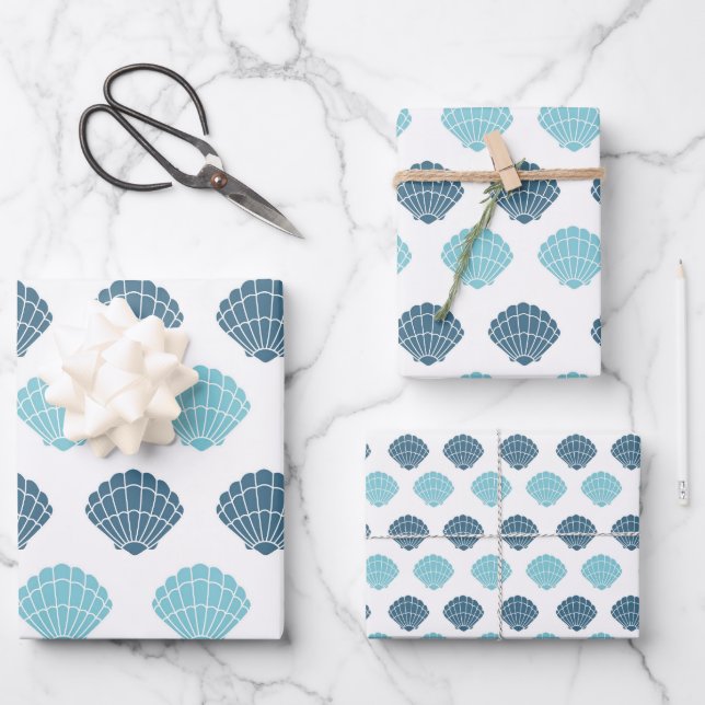 Ocean Beach Seashells Blue Pattern Theme Wrapping Paper Sheets (Front)