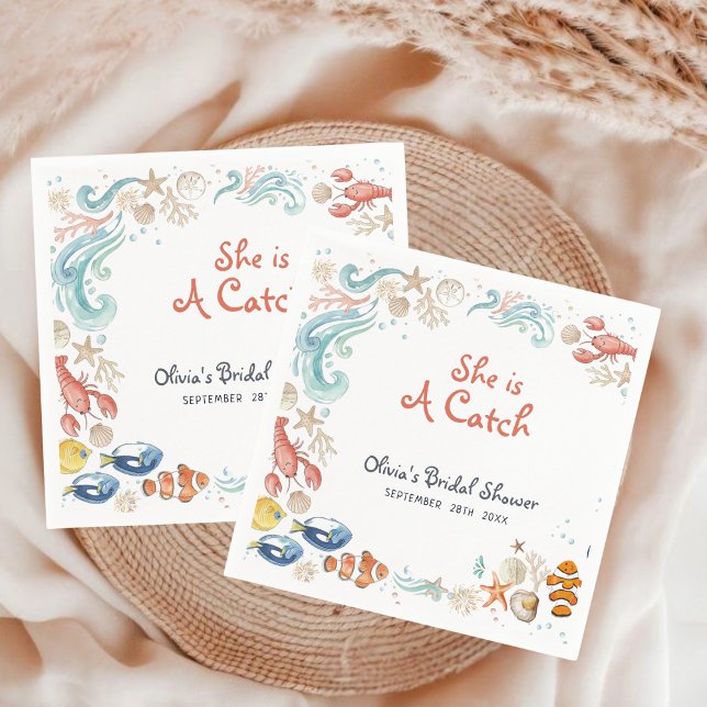 Ocean Beach She Is a Catch Bridal Shower Cocktail Napkins (Creator Uploaded)