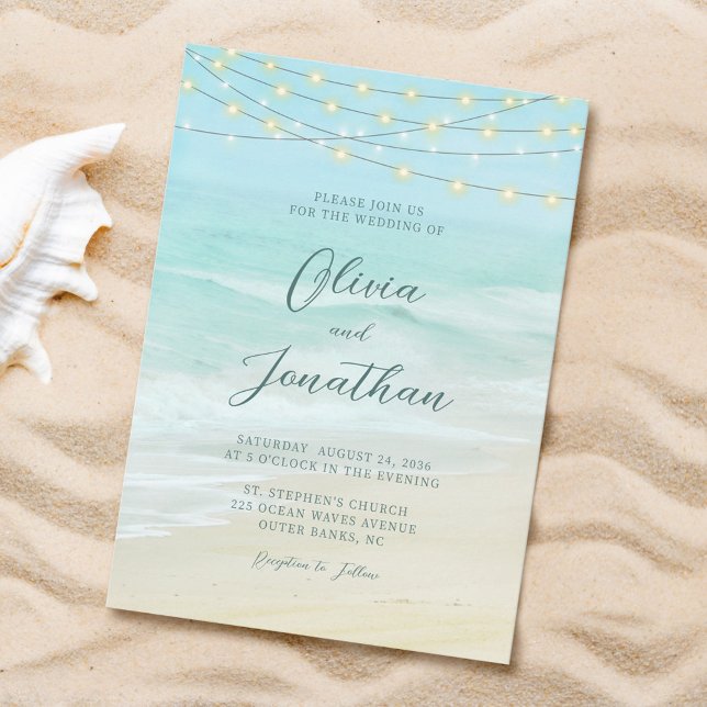 Ocean Beach String Lights Elegant Script Wedding Invitation (Creator Uploaded)