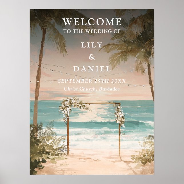 Ocean Beach String Lights Wedding Welcome Sign (Front)