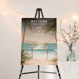 Ocean Beach String Lights Wedding Welcome Sign