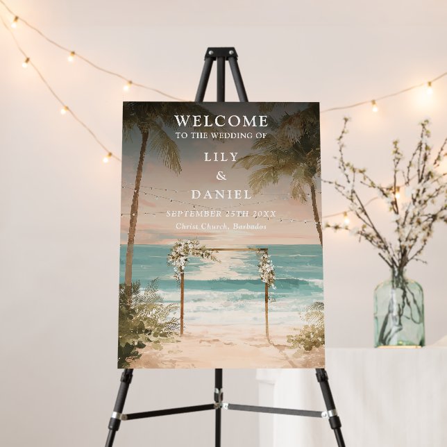 Ocean Beach String Lights Wedding Welcome Sign (In Situ (Stand))