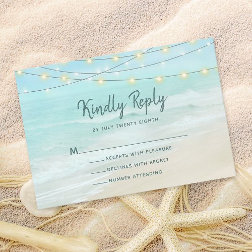 Ocean Beach Summer String Lights Wedding  RSVP Card