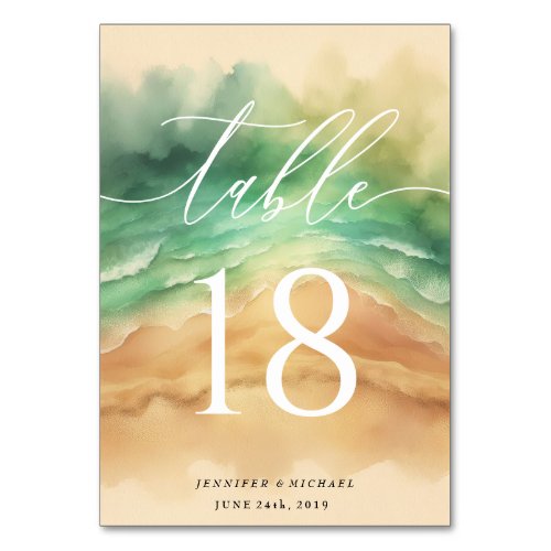 Ocean Beach Summer Sun Sand Watercolor Table Table Number