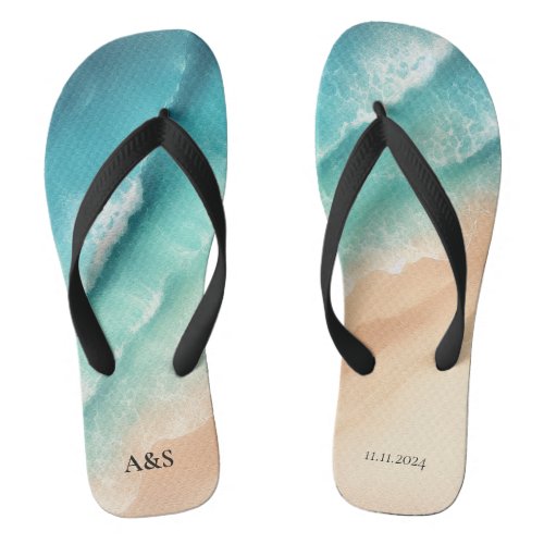 Ocean Beach SUMMER Watercolor Elegant Wedding Flip Flops