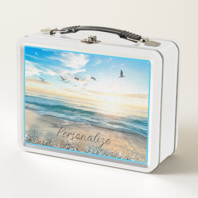 Ocean Beach Sunrise Birds Nature Personalized Metal Lunch Box (Front)