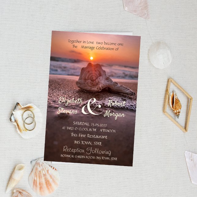 Ocean Beach Sunset Seashell Wedding Invitation (Creator Uploaded)
