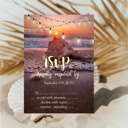 Ocean Beach SunsetString Lights Seashell RSVP   Invitation